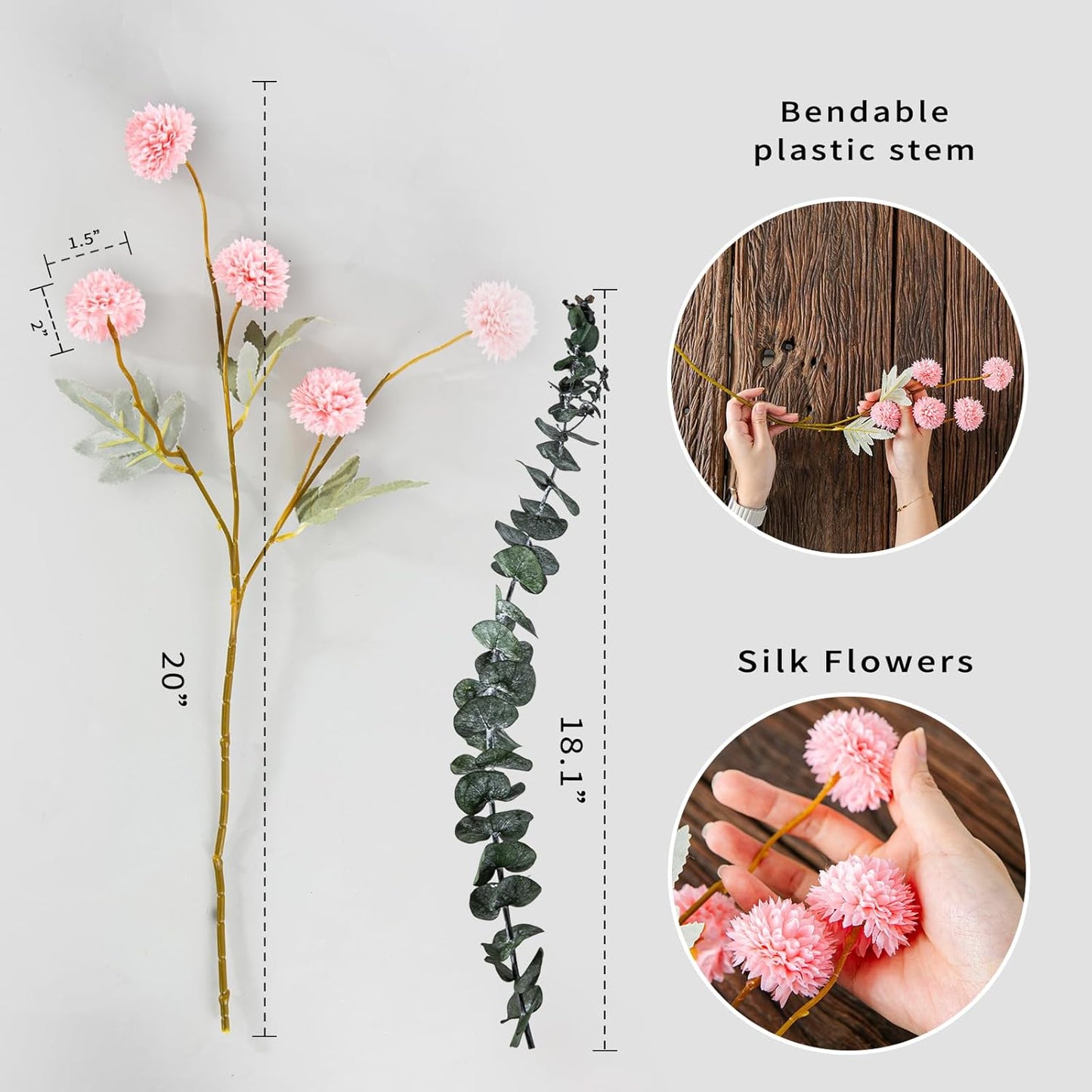 6 Artificial Silk Flowers + 3 Eucalyptus, Artificial Chrysanthemums with Stems for Home Decor, Pink