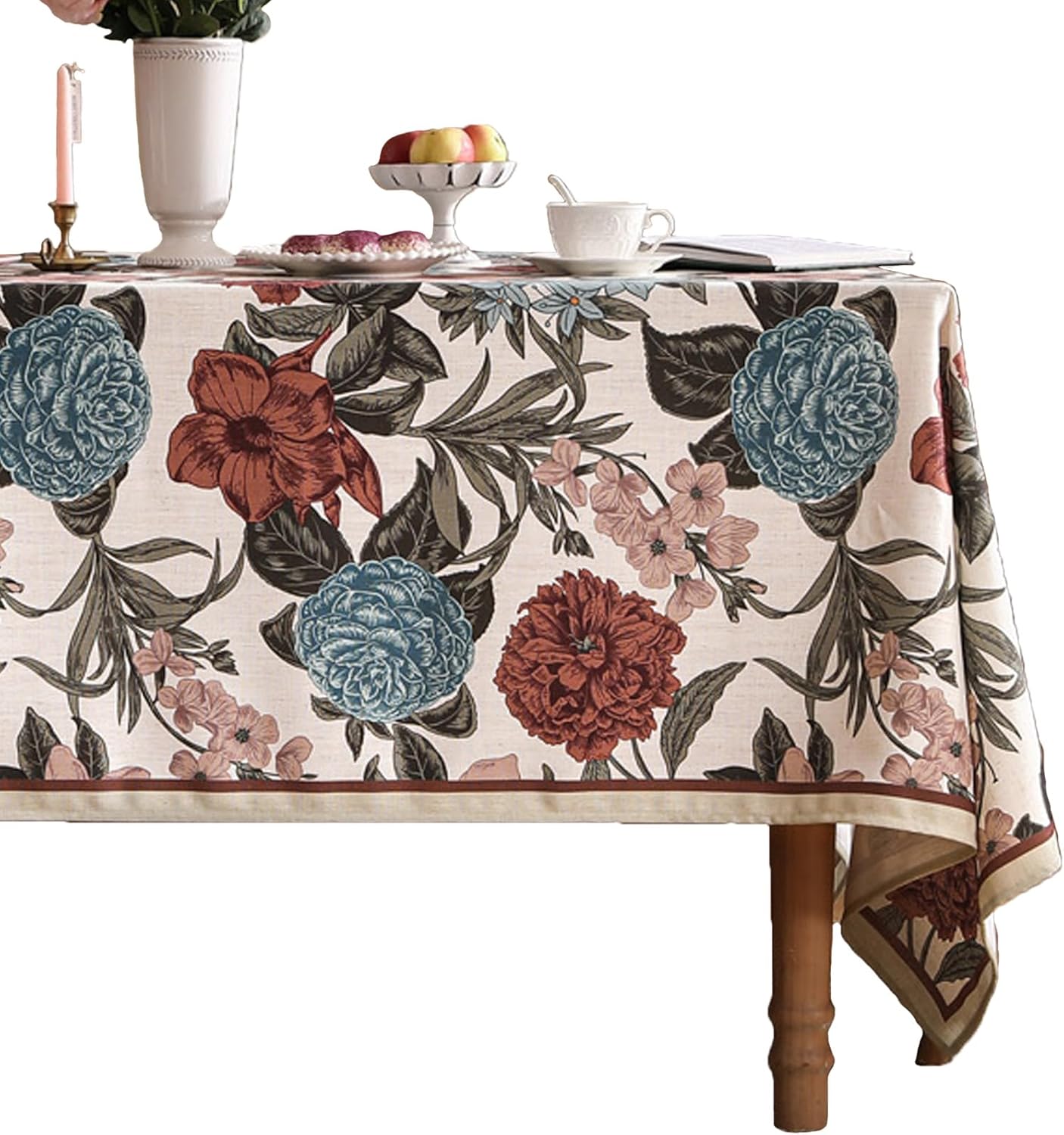 Designer French Linen Small Tablecloth for Rectangle Table,Red and Blue Floral Durable Tablecloths,Decor Table Cover for Kitchen,Dining,Thanksgiving,Christmas,55"*71"-Burgundyred
