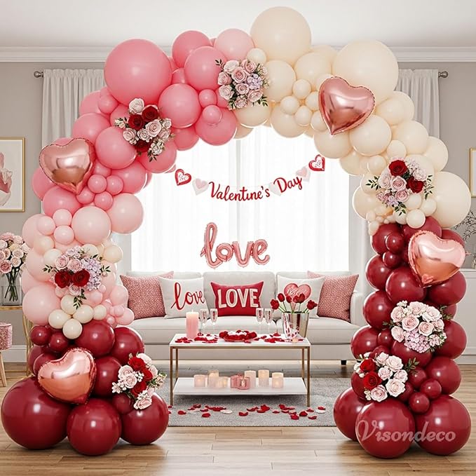 131Pcs Burgundy Red and Pink Valentines Balloons Arch Kit with Ivory & Rose Gold Heart Shaped Foil Balloons - Birthday, Proposal, Valentine's Day Decorations, Mother's Day, Wedding, Party Backdrop