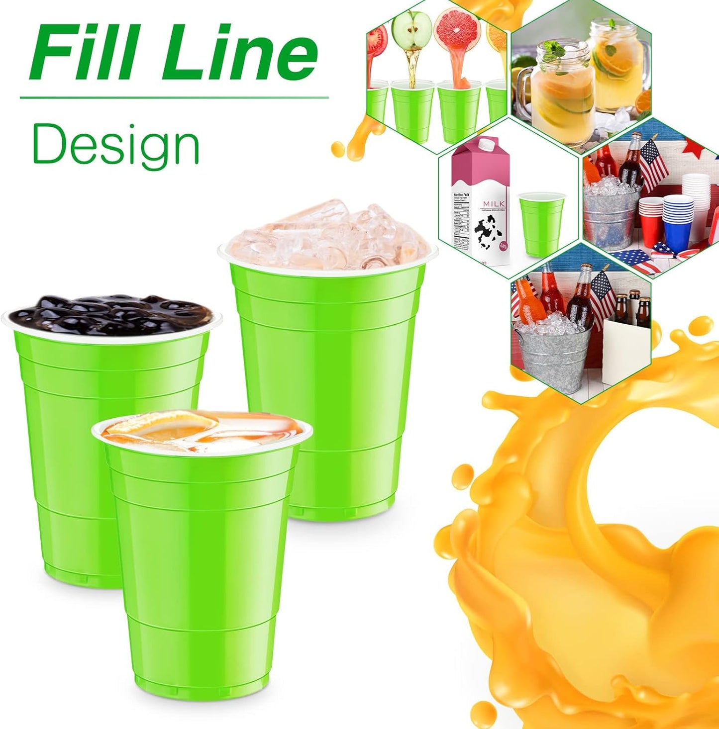 Lounsweer 100 Pack 16 Ounce Christmas Plastic Party Cups Disposable Heavy Duty Drinking Water Cups for Holiday Christmas Festival Wedding New Year Birthday Party Supplies(Fluorescent Green)