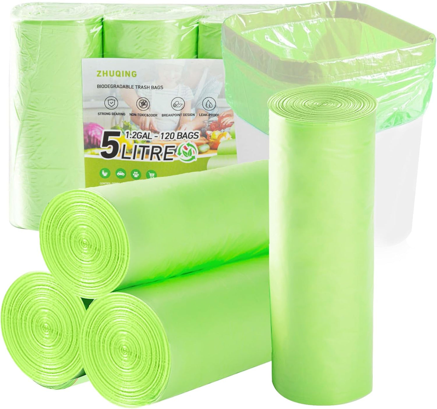 Zhuqing 1.2 Gallon Trash Bags, 5L Biodegradable Garbage Bags, 120 Counts Compost Wastebasket Liners Bags for Kitchen Bathroom Office, Green