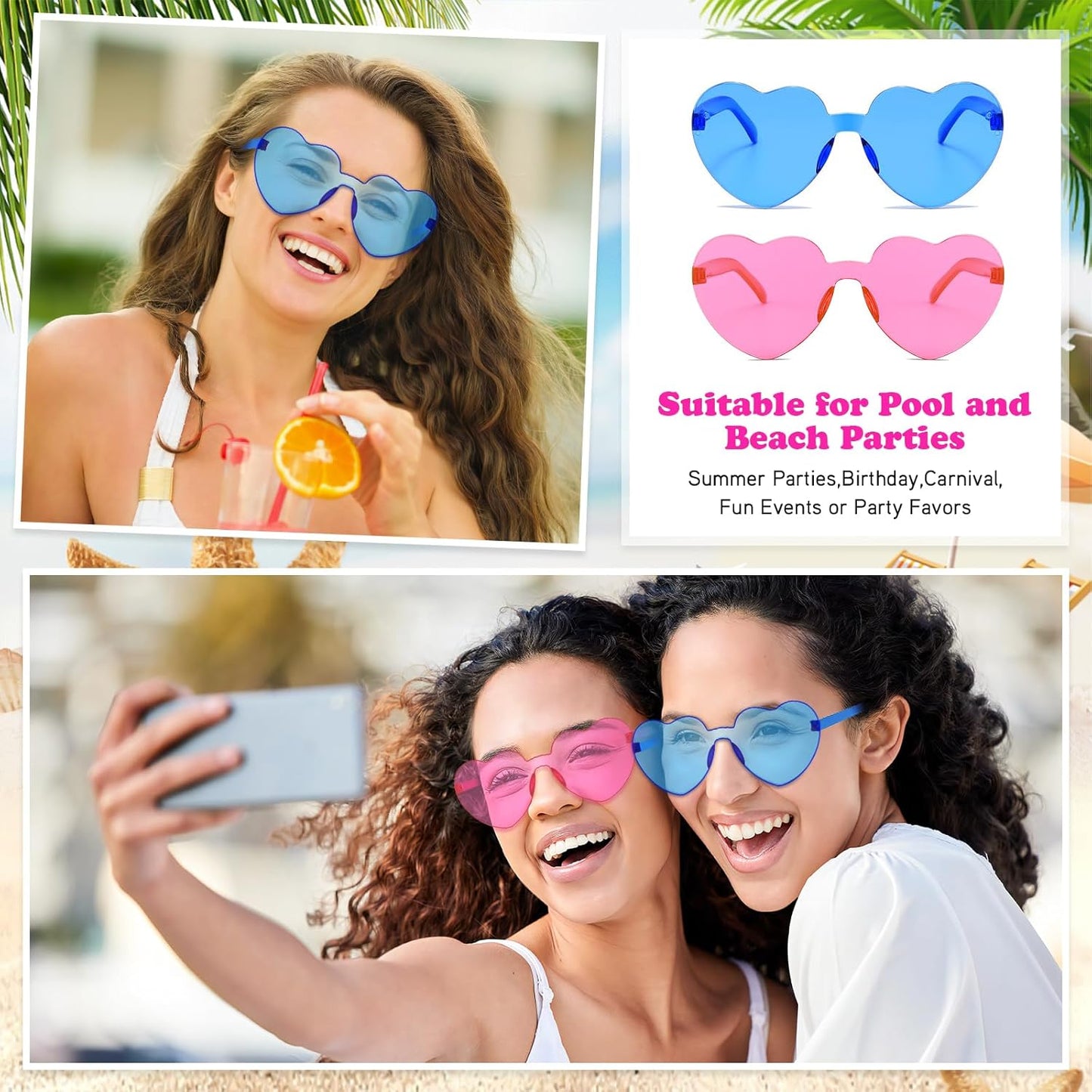 18 Heart Shape Rimless Sunglasses Transparent Candy Color Party Glasses Colored Eyewear for Women