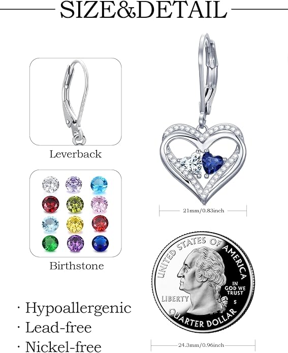 Valentines Day Gifts for Women, Heart Leverback Earrings Double Birthstone Dangle Earrings for Women, Love Jewelry for Her, Anniversary Birthday Gift for Mom Wife Girlfriend