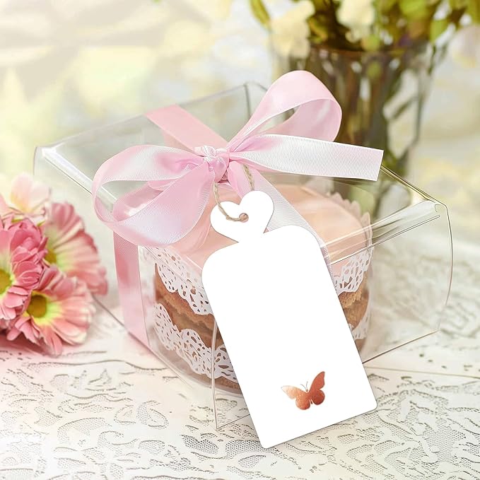 joycraft 100Pcs Gift Tags with String, 4x2 in Blank Tags with Rose Gold Foil Butterfly, White Paper Labels for Birthday, Wedding, Baby Shower, Valentine’ s Day, Christmas