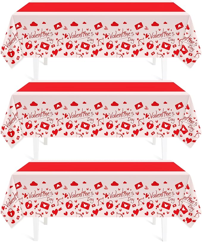 Childom Valentines Day Tablecloth for Valentines Day Decorations Party,3 Pack Disposable Plastic Valentines Table Cloths 54" x 108" Pink Table Cover,Valentines Decor for Wedding Engagement Anniversary