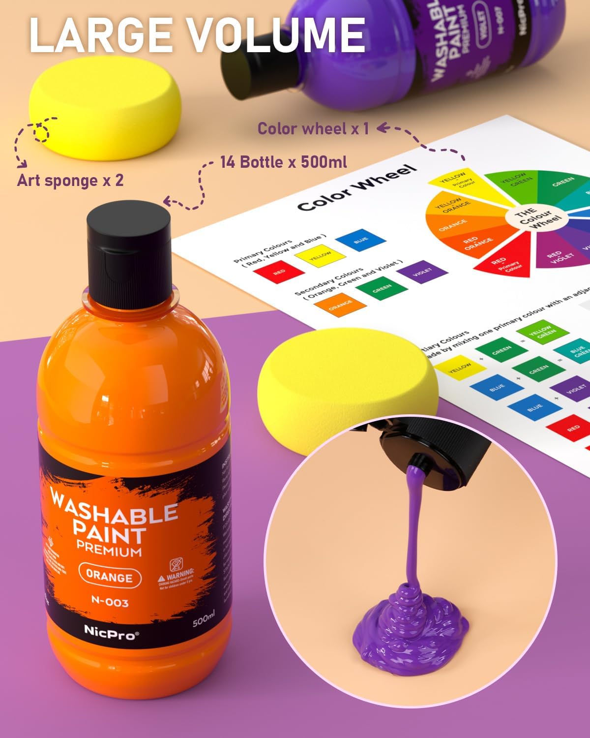 Nicpro 14 Colors Large Washable Paint Set for Kid (16.9 oz, 500 ml), Acrylic Bulk Paint Supplies Non Toxic Children Tempera Paint for Art, Craft DIY, Poster & Finger Paint, School, Party, Classroom
