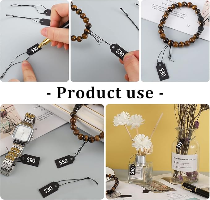 200 Pcs Black Price Tags, Gift Tags with Elastic String, Jewelry Price Tag Writable Kraft Gift Tag for Clothes Jewelry Stocking Stuffers(Black,1×0.47inch
