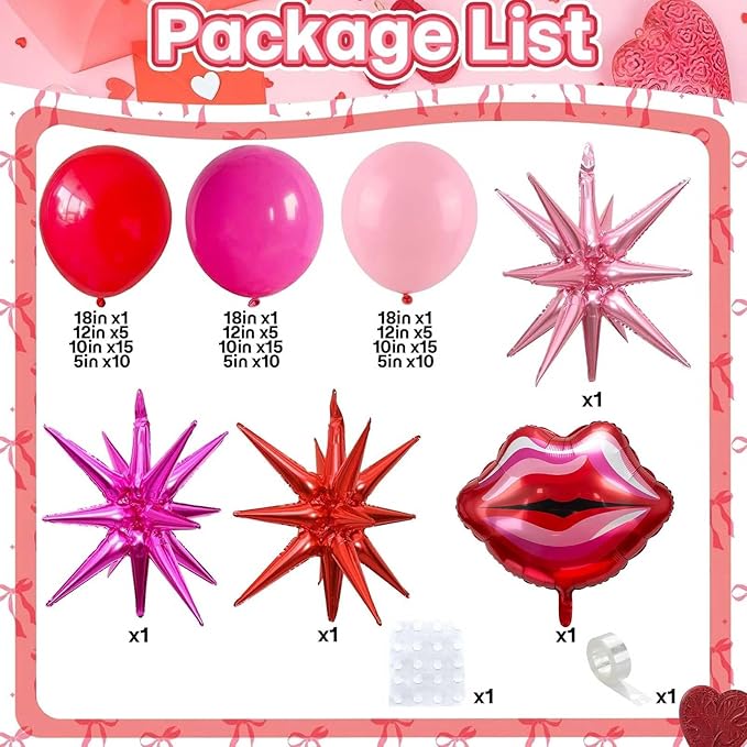 Mothers Day Balloon Arch Kit, Red Pink Balloon Garland with Foil Lips Star Balloons for Mothers Day Women Girls Birthday Bachelorette Bridal Shower Wedding Engagement Anniversary Party Decorations