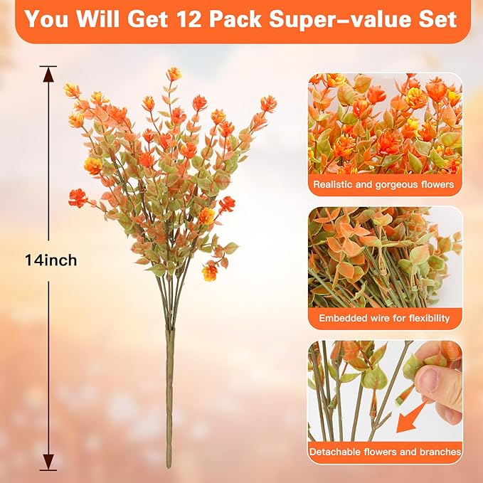 12 Bundles Faux Mums for Fall Decor, UV Resistant Fall Flowers Artificial for Decoration Fake Mums for Thanksgiving Halloween Autumn Indoor Outdoor Garden Porch Window Wedding Cemetery(Fall Orange)