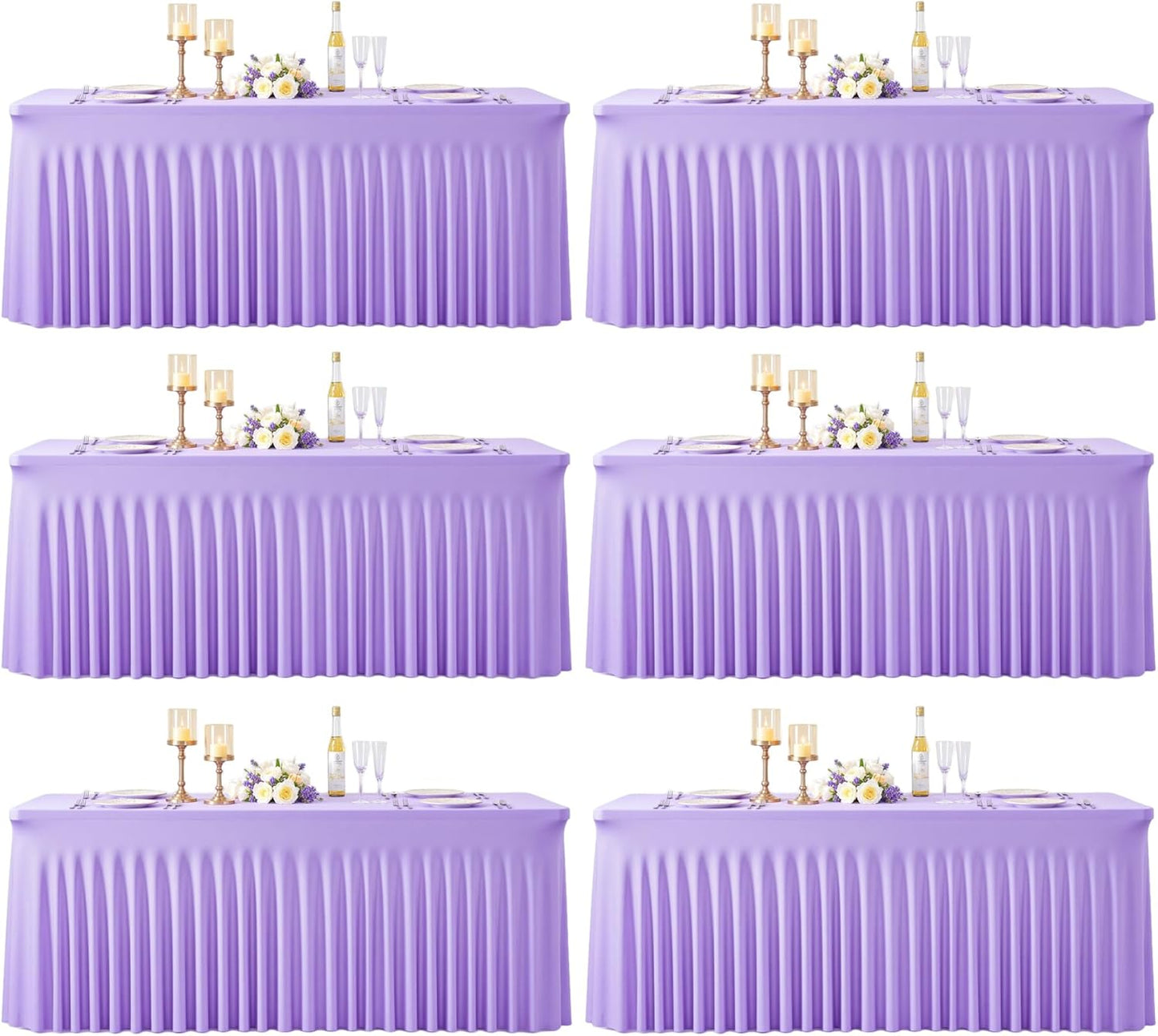 Suppromo 6 Pack 8ft Lavender Spandex Table Cloths for Rectangle Tables Wrinkle Free Light Purple Rectangle Tablecloths Stretch Fitted Table Cover for Birthday Party Wedding Banquet Baby Shower Buffet