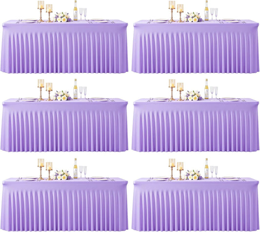 Suppromo 6 Pack 8ft Lavender Spandex Table Cloths for Rectangle Tables Wrinkle Free Light Purple Rectangle Tablecloths Stretch Fitted Table Cover for Birthday Party Wedding Banquet Baby Shower Buffet