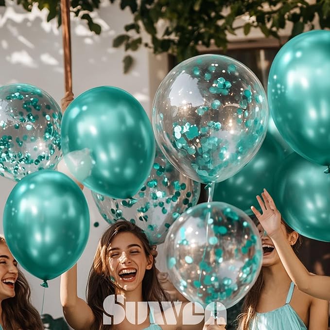 SUWEN Metallic Green Balloons and Confetti Balloons Set 47PCS Latex Helium Metallic Teal Balloon for Birthday Anniversary Party Decorations