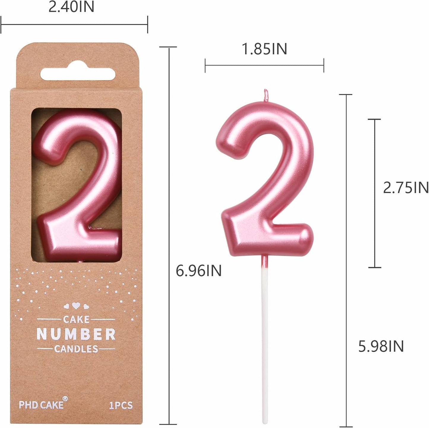 PHD CAKE 2.76 inch Classical Pink 2 Number Birthday Candles, Pink Number Candles, Cake Number Candles, Party Celebration