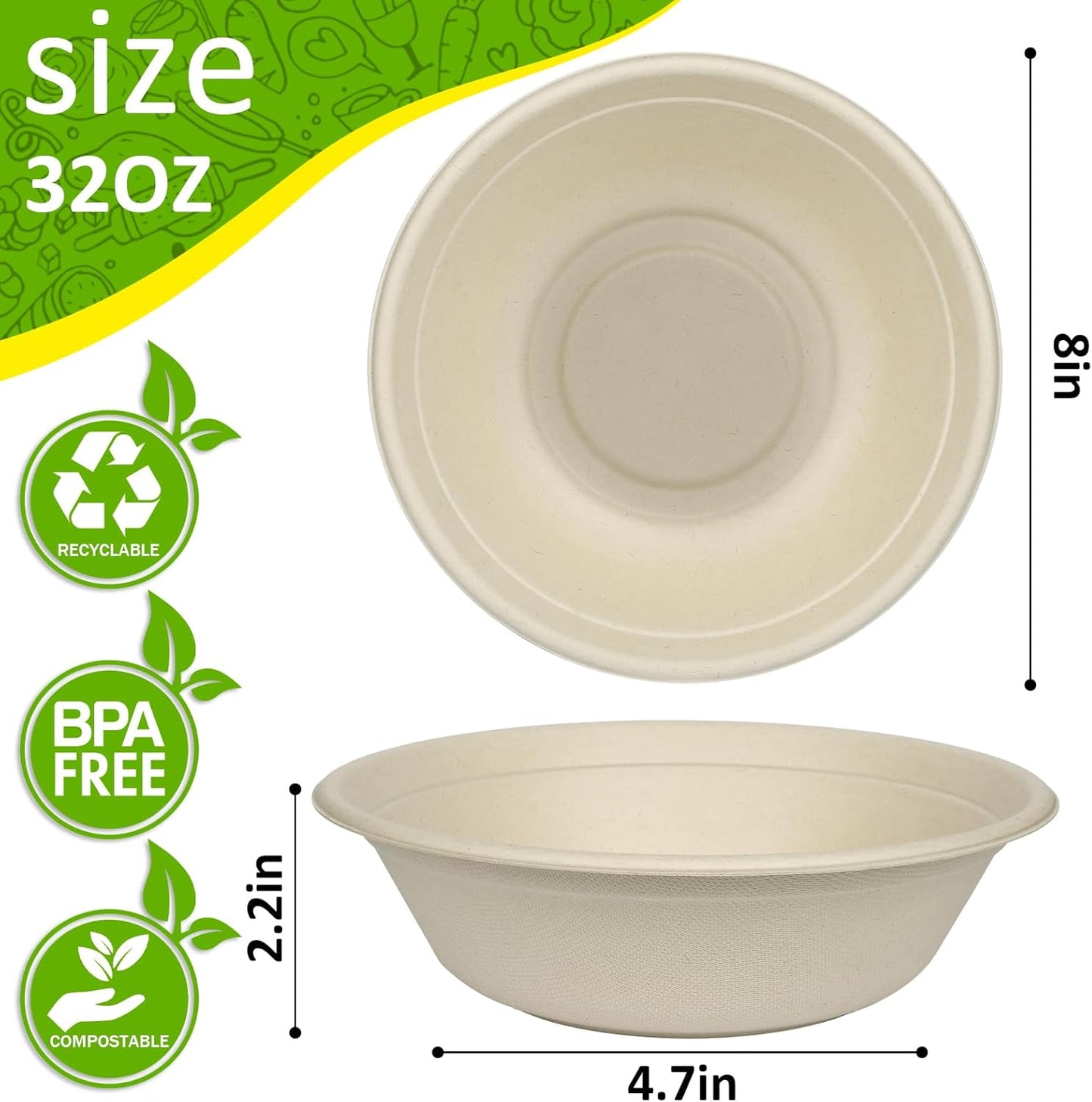 Paper Bowls, 100% Compostable Disposable Soup/Salad Bowls 32 Oz 100 Pack, PFAS-Free BPI Certified Eco-Friendly Hot/Cold Food Bowls, Natural Brown