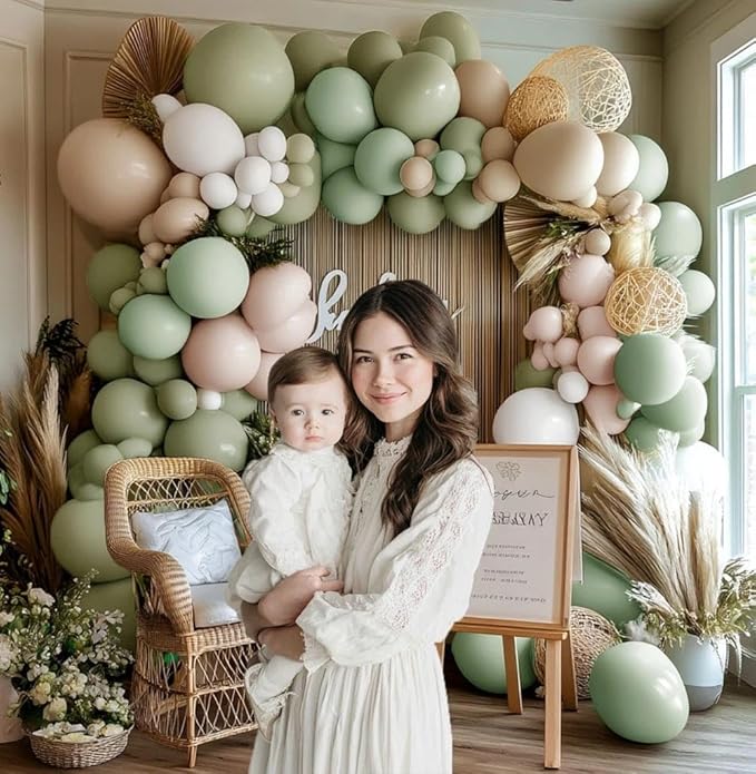 Sage Green White Balloon Garland Double Stuffed Dusty Green Cream Sand White Beige Latex Neutral Balloons Arch Kit for Boho Baby Bridal Shower Birthday Wedding Baptism Decoration