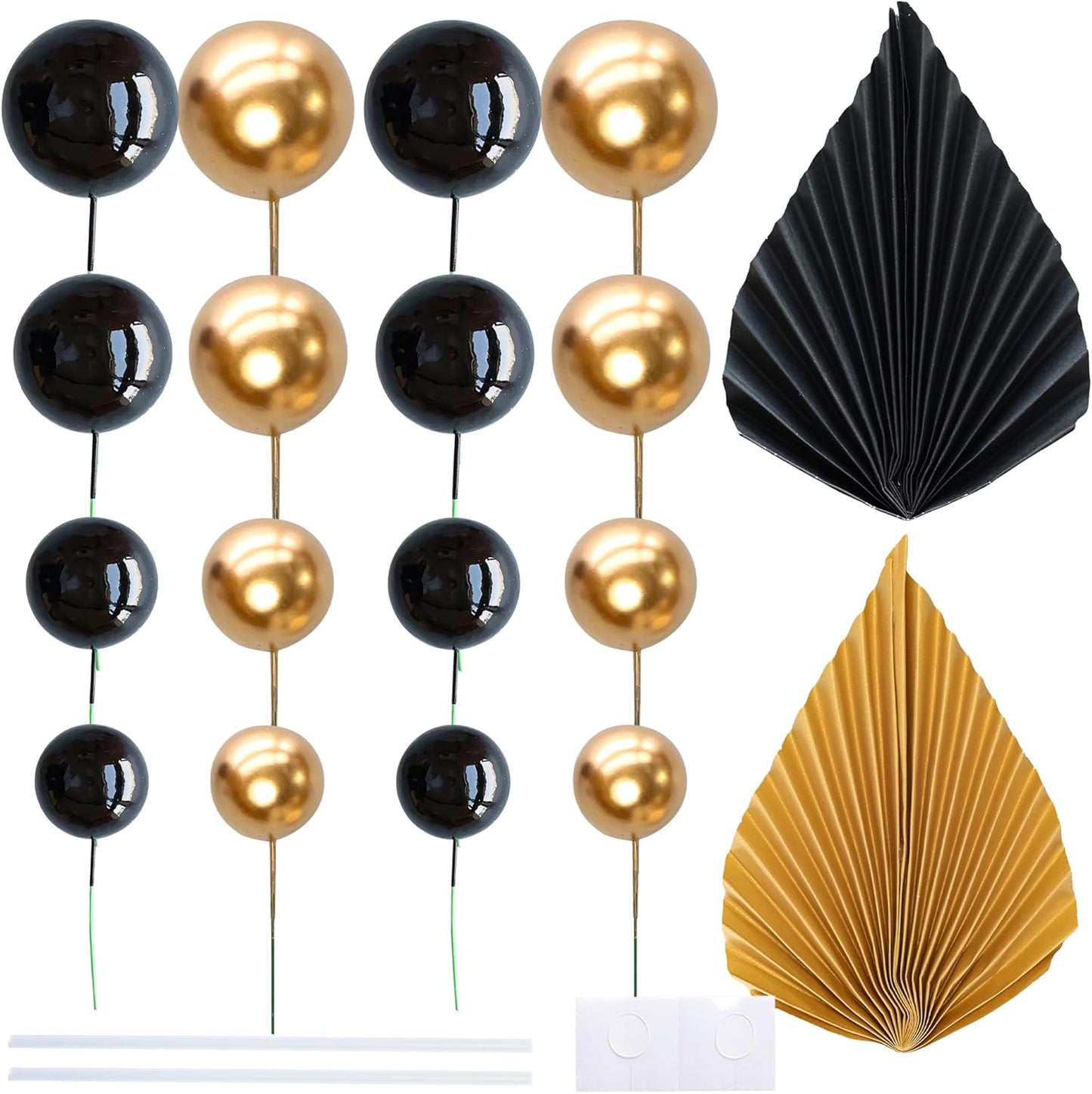 Ephlyn 28Pcs Paper Palm Fan Cake Topper Balls Cake Pick Decoration for Baby Shower Wedding Bridal Shower Birthday Party DIY Cake Decorations Supplies Black Gold