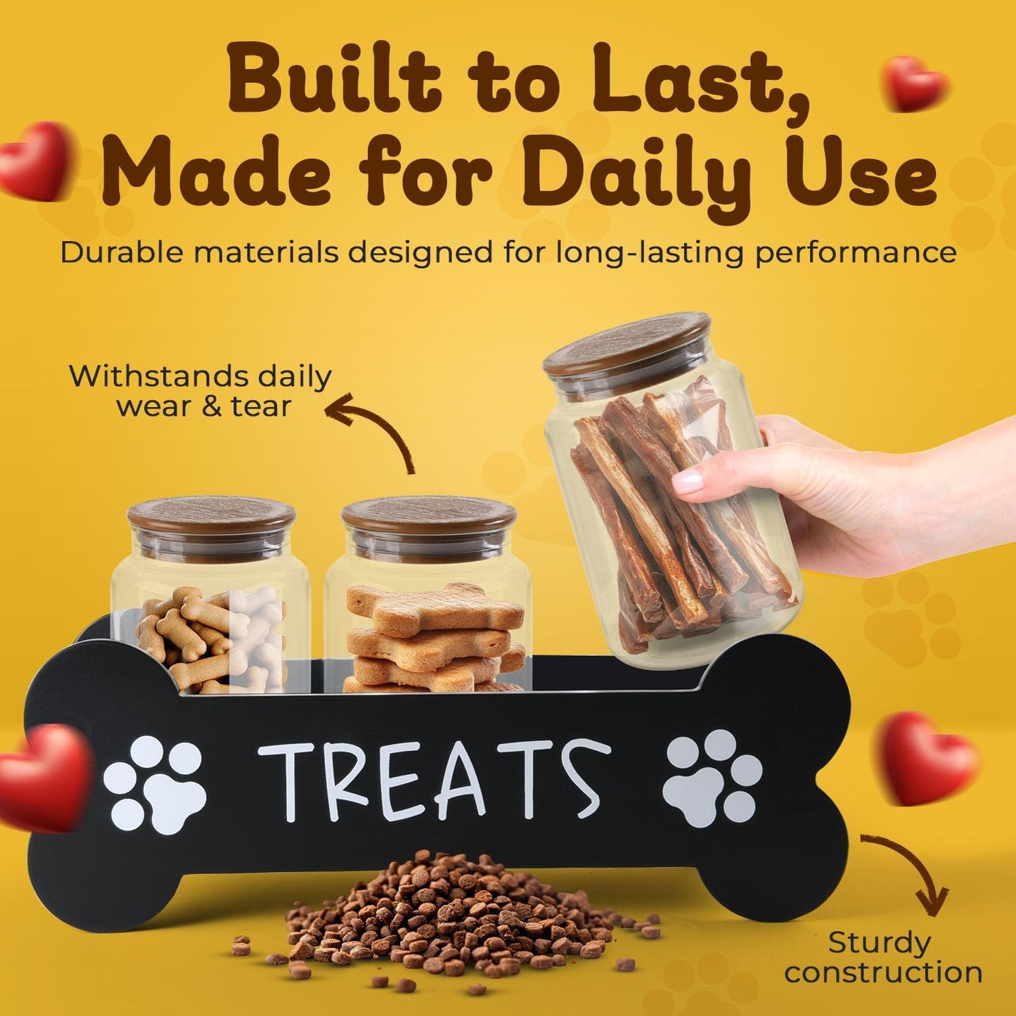 Dog Treat Container - Includes 3 Treat Jars, 1 Treat Bag, Wooden Pet Treat Holder, storage Basket, Dog Treat Station, with Reusable Sticker & Marker - Bone Shape