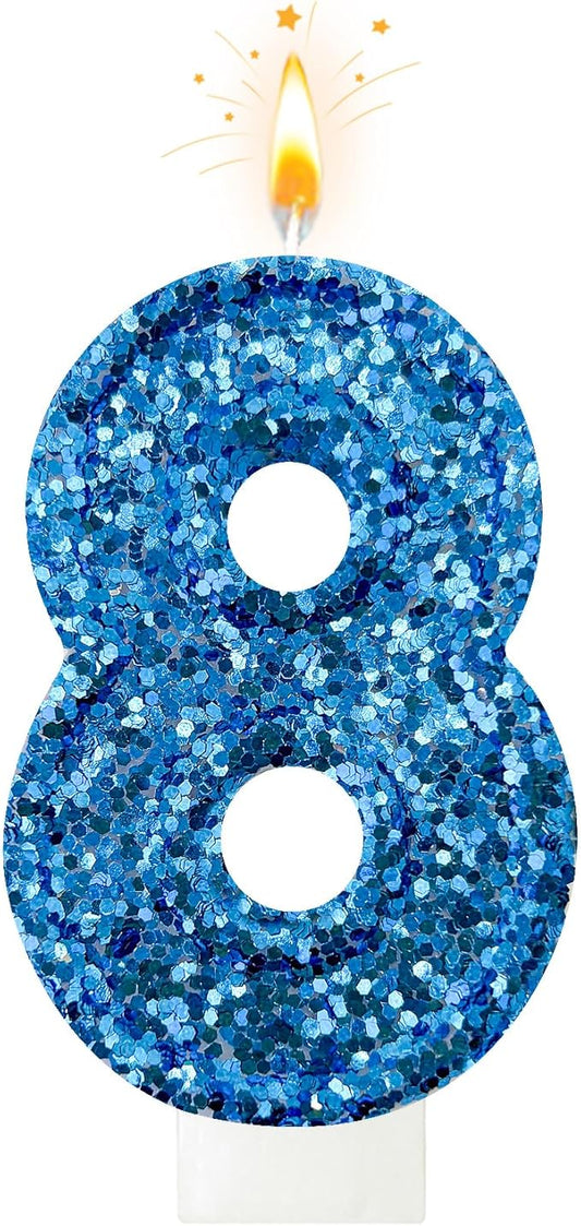 Zailo Birthday Number Candles, Glitter Number Candle Cake Decorations with Sequins, Cupcake Decorations for Girls, Women, Party Anniversary Celebrations (Number 8, Blue)