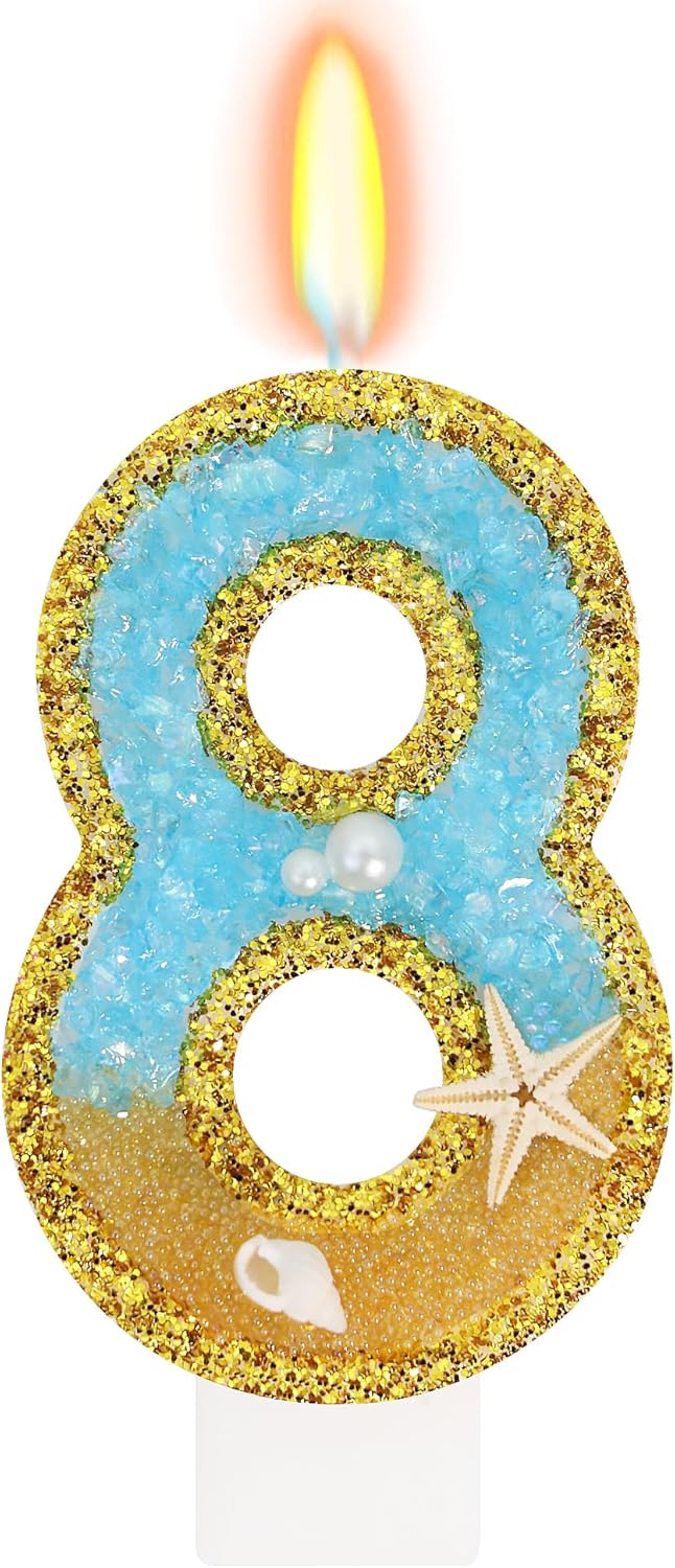 Ocean Number 8 Candle, Glitter Gold Beach Starfish Cake Topper, Tropical Ocean Princess Birthday Decorations for Party Supplies Wedding Anniversaries