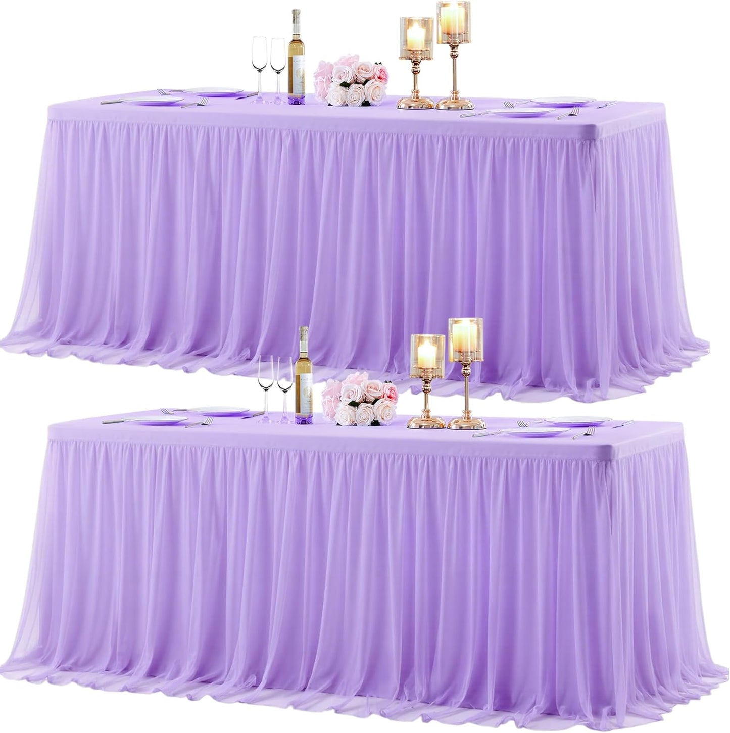 Suppromo 2 Pack 8ft Lavender Tulle Tablecloths for Rectangle Tables 8 Foot Rectangular Table Cloth Wrinkle Free Tablecover with Tutu Skirt for Wedding Baby Shower Birthday Party Banquet Buffet Cake