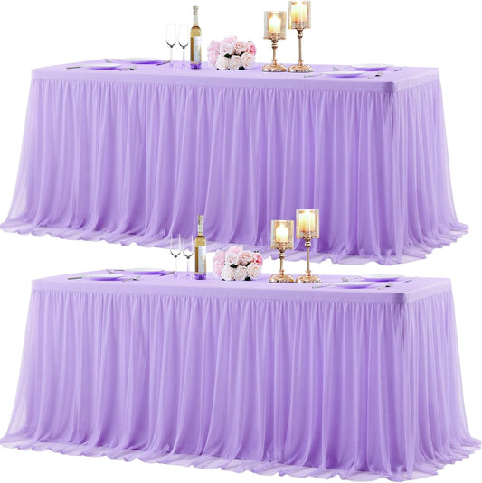 Suppromo 2 Pack 8ft Lavender Tulle Tablecloths for Rectangle Tables 8 Foot Rectangular Table Cloth Wrinkle Free Tablecover with Tutu Skirt for Wedding Baby Shower Birthday Party Banquet Buffet Cake