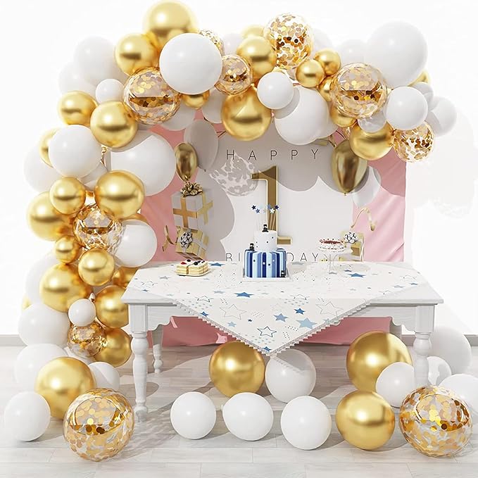 White and Gold Balloons Arch Kit,130pcs Gold and White Balloon Garland,Different Sizes White Latex Balloons for Wedding,Engagements,Birthday,Baby Shower Anniversary Decorations