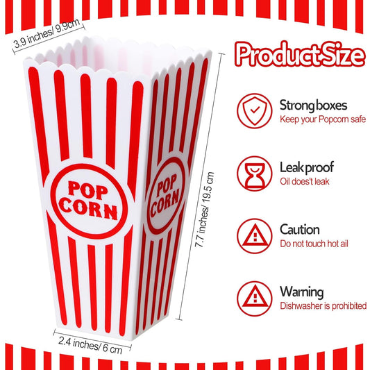 50 Pack Plastic Popcorn Boxes Red and White Striped Popcorn Buckets Bulk Reusable Open Top Containers for Movie Night, Classic Retro Style, 7.7 x 3.9 x 2.4 Inch