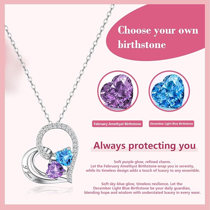 Double Birthstone Heart Necklace 0.8CT Dual-Gemstone S925 Sterling Silver Plated White Gold Engraved I Love You Perfect Anniversary/Valentine's Day Gift for Wife/Girlfriend/Mom/Daughter
