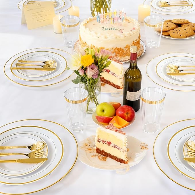 13 Inch Charger Plates, 16 Pack, Clear Charger Plates with Gold Rim, Heavy Duty Disposable Plastic Chargers for Dinner, Elegant Dining, Wedding, Party, Formal Event Decoration (16, Gold)