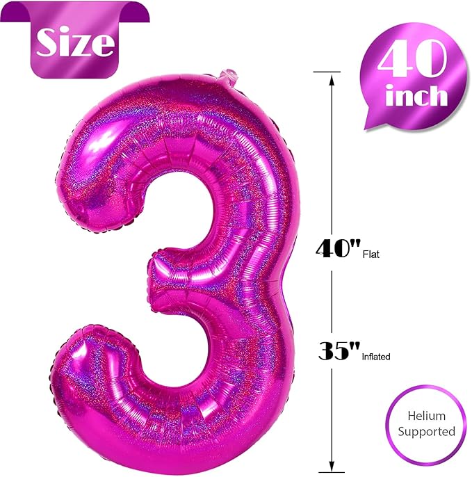 Laser Hot Pink 3 Balloon, Number Balloons 40 Inch, 3rd Birthday Decorations for Kids Girls Women Party Supplies for Party Decorations, Number 3 Balloon