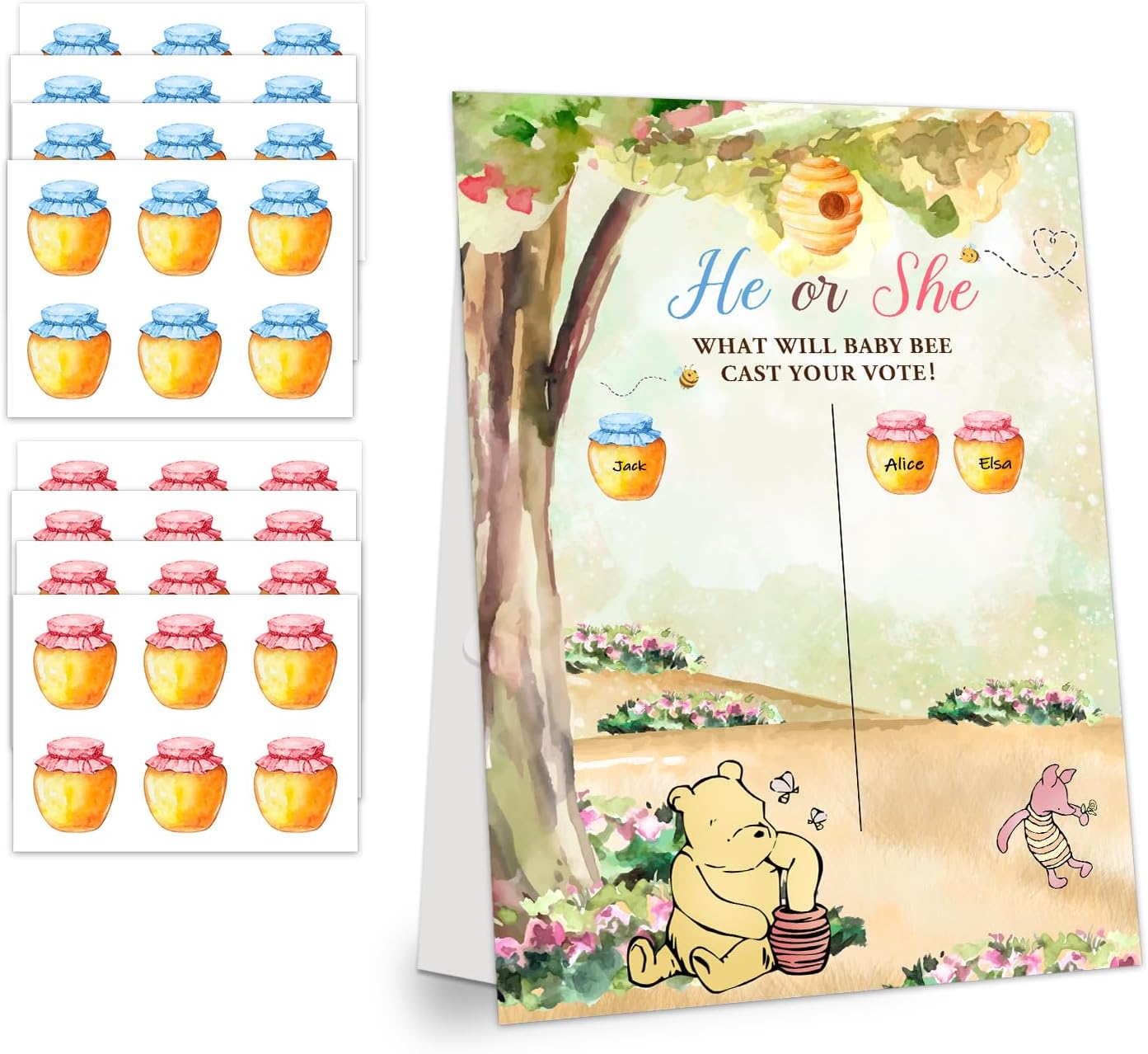 Gender Reveal Winnie the Pooh Party Games, Winnie the Pooh Theme Baby Gender Reveal Voting Board Sign, 48 Boy Girl Voting Stickers, He or She, Baby Gender Reveal Party Games for Boy or Girl Shower