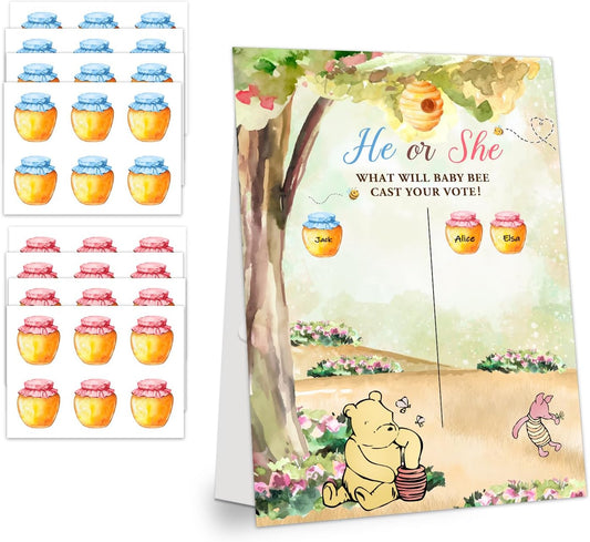 Gender Reveal Winnie the Pooh Party Games, Winnie the Pooh Theme Baby Gender Reveal Voting Board Sign, 48 Boy Girl Voting Stickers, He or She, Baby Gender Reveal Party Games for Boy or Girl Shower
