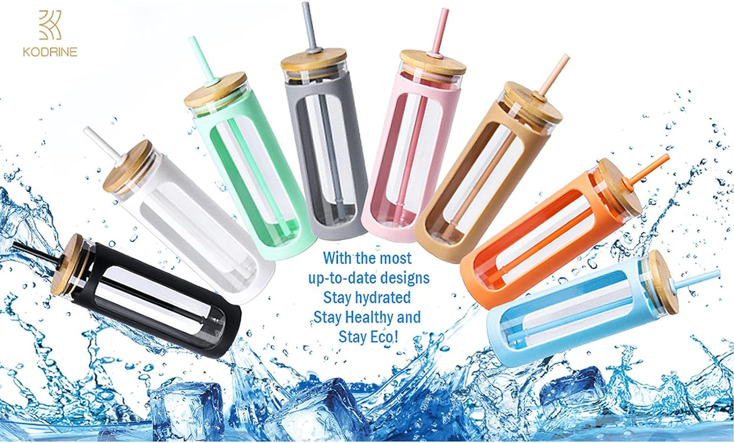 Kodrine 20oz Glass Tumbler with Straw and Lid, Bamboo Lids Water Bottle, Reusable Iced Coffee Cups, Wide Mouth Smoothie Cup with Protective Silicone Sleeve BPA FREE-Black+Amber-2pack