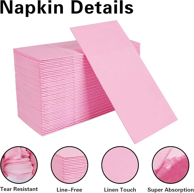 Pink Napkins Hand Towels Disposable, Linen-Feel Dinner Napkins with Prefolded Built-in Flatware Pocket, Guest Paper Hand Towels For Wedding, Dinner Or Party (16x16in, 50Pack）