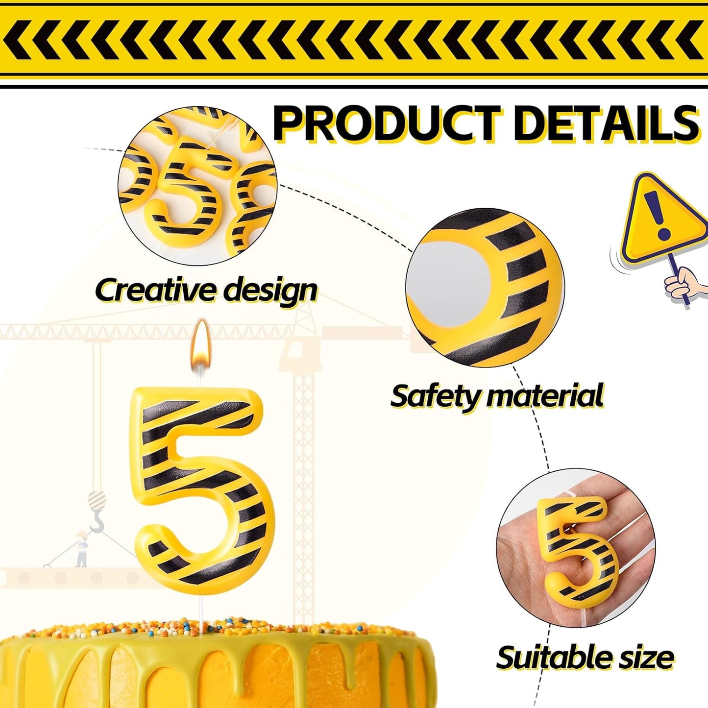 Construction Themed Birthday Candles Number 5 Candle Birthday Party Decoration Cake Topper for Construction Party Decoration Theme Party Supplies (Number 5)