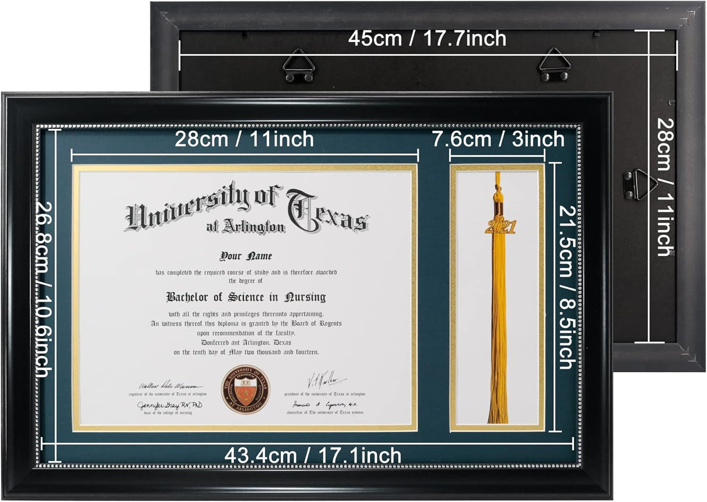 GraduationMall 11x17 Black Diploma Frame with Tassel Holder for 8.5x11 Certificate Document,Real Glass, Navy over Gold Mat