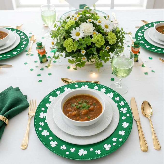 Yungyan 6 Pcs St Patricks Day Plastic Charger Plates 13 Inch St Patricks Day Round Resuable Charger Plates Large Shamrock Plate for Holiday Party Decorations Dinner Tableware Supplies