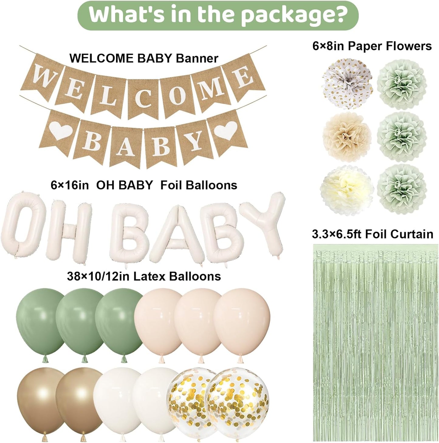 Ouddy Party Sage Green Baby Shower Decorations for Baby, Green Balloons with WELCOME BABY Banner Fringe Curtains Foil Balloons Paper Flower for Boho Baby Shower Birthday Gender Reveal Party Supplies