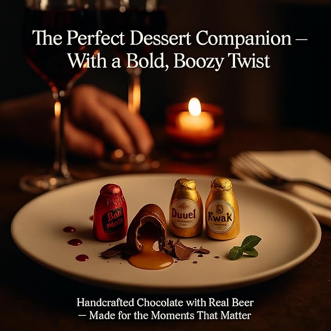 Andy Anand Chocolatier European Beer Flavored Dark Chocolate Bottles, Filled with Top-Shelf Beer, Gluten Free Assorted Flavors Chocolates, Packed in a Wooden Gift Box (18 Pcs)