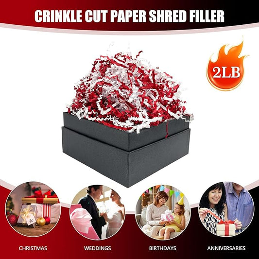 Red White Crinkle Cut Paper Shred Filler, 2 LB Basket Filler Shredded Paper, Confetti Stuffing for Basket Filling, Mother's Day, Birthdays, Weddings, DIY Gift Wrapping, Stuffer Party Supplies