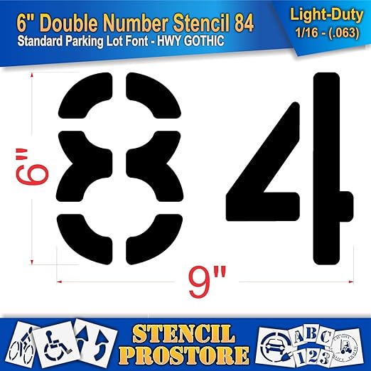 Pavement, Curb, and WheelStop Stencils - 6 inch Double Number Stencil - (84) - 6" x 9" x 1/16" (63 mil) - Light-Duty