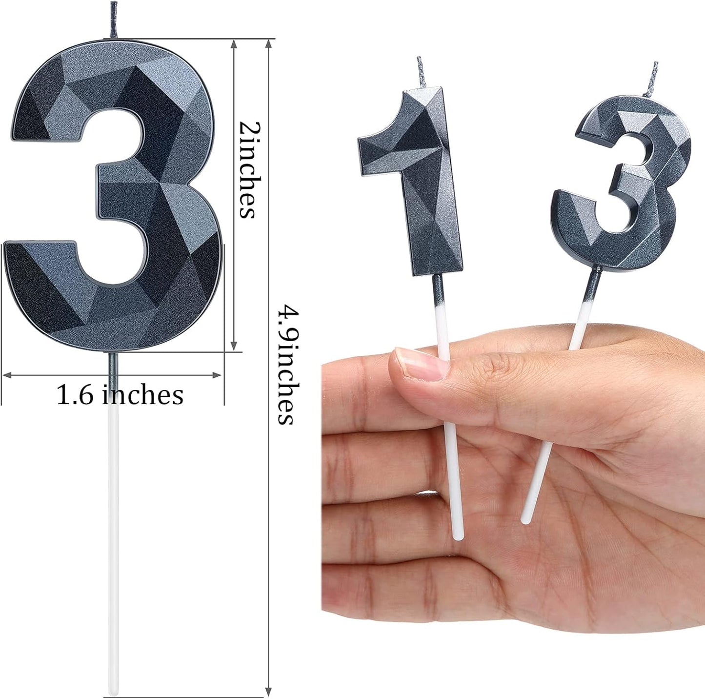 Nuanchu 13th Birthday Candles Black Number 13 Candles Happy Birthday Cake Topper 3D Diamond Shape Numeral Candles Decoration for Boy Girl Women Wedding Theme Party Anniversary Favors(Black)