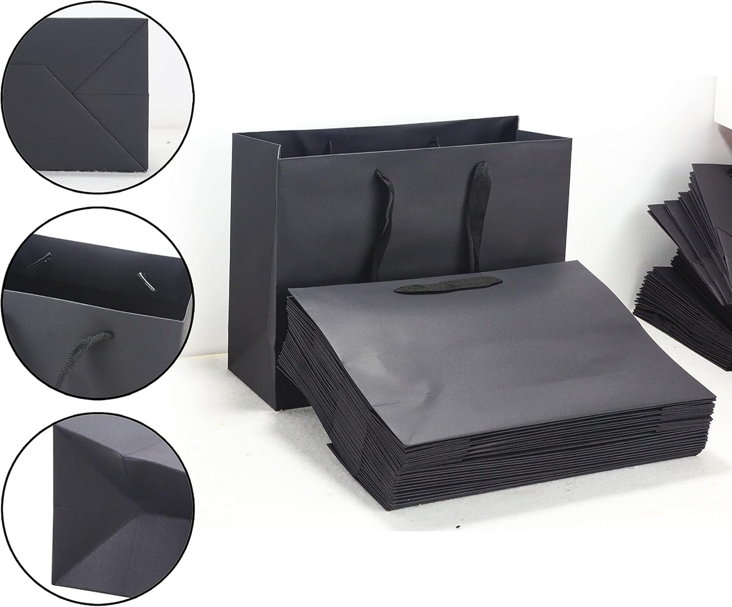 HUAPRINT Black Paper Bags - Large Gift & Shopping Bags with Ribbon Handles - 30 Packs, 16x6x12Inch - Retail, Party Favor & Wedding Bags