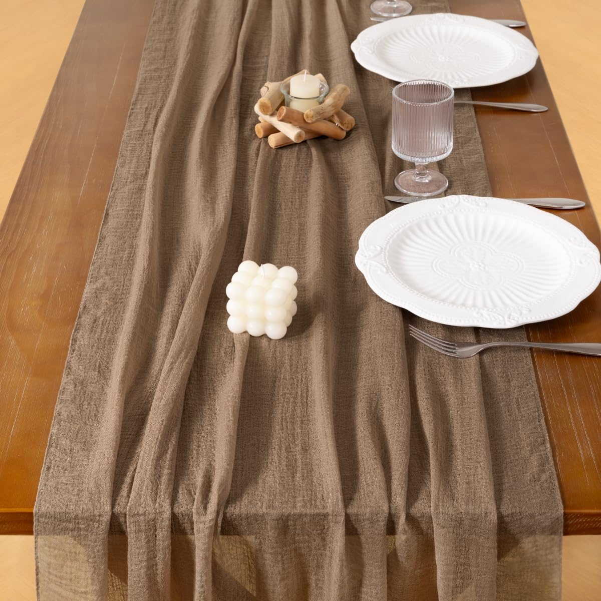 Socomi Cheesecloth Table Runner Coffee Fall Thanksgiving Gauze 120 Inch Rustic Boho Cheese Cloth Runner for Wedding Party Baby Bridal Shower Centerpiece Decoration Holiday Home Decorations