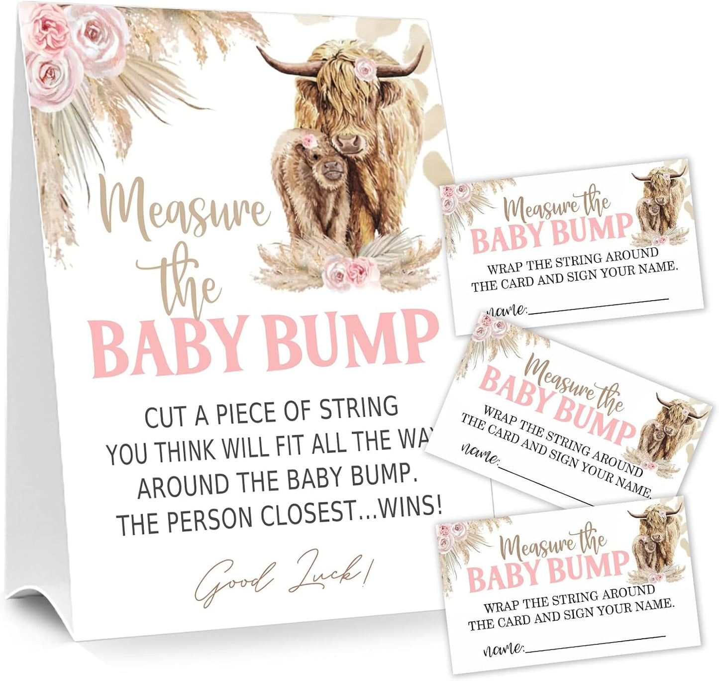 Baby Shower Games Measure the Baby Bump Sign, How Big is Mommy's Belly Party Favors Supplies, 5x7 Inch Kraft Standing Sign and 50 Guessing Cards, Holy Cow, Boho Pink Highland Cow
