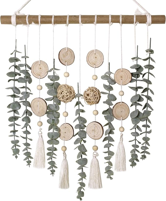Bathroom Decor Artificial Eucalyptus Greenery Hanging Wall Decor Faux Eucalyptus Leaves Hanging Plant on Wooden Stick with Wicker Ball Rustic Farmhouse for Bedroom Nursery Boho Wall Decorations