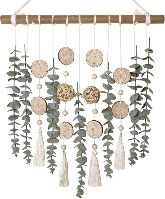 Bathroom Decor Artificial Eucalyptus Greenery Hanging Wall Decor Faux Eucalyptus Leaves Hanging Plant on Wooden Stick with Wicker Ball Rustic Farmhouse for Bedroom Nursery Boho Wall Decorations