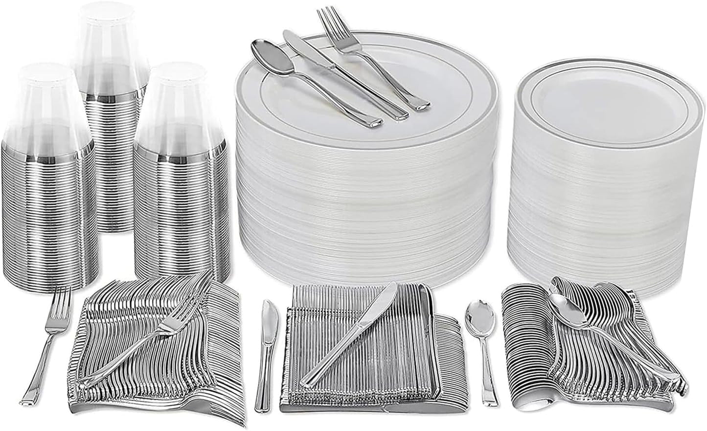 Prestee 600 Piece Dinnerware Set for 100 Guests - Elegant Disposable Silverware and Party Plates for Events - Includes Cutlery Set with 100 Dinner Plates, Salad Plate, Cups, Knives, Forks, and Spoons