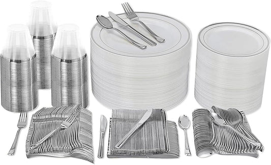 Prestee 600 Piece Dinnerware Set for 100 Guests - Elegant Disposable Silverware and Party Plates for Events - Includes Cutlery Set with 100 Dinner Plates, Salad Plate, Cups, Knives, Forks, and Spoons
