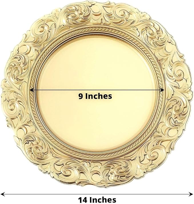 Efavormart 12-Pack Acrylic Charger Plates 14" Round Gold with Engraved Baroque Rim - Vintage Disposable Decorative Chargers